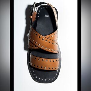 NWT zara brown leather stud sandals size